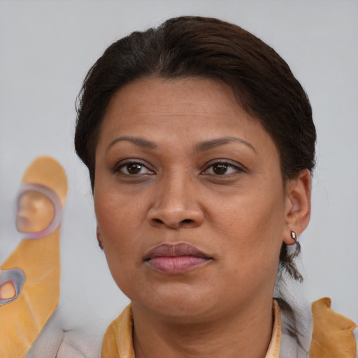 Joyful black adult female with short  brown hair and brown eyes
