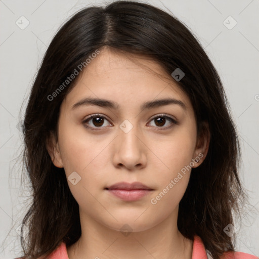 Neutral white young-adult female with medium  brown hair and brown eyes