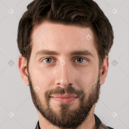 Neutral white young-adult male with short  brown hair and grey eyes