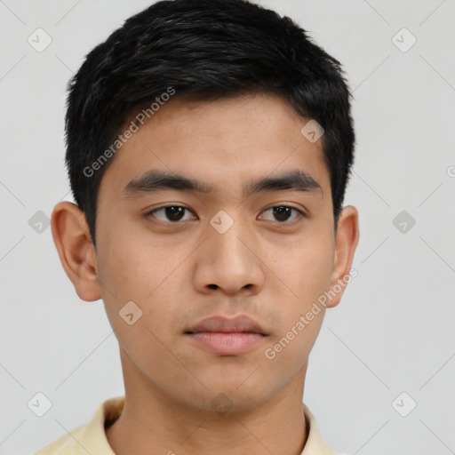 Neutral asian young-adult male with short  black hair and brown eyes