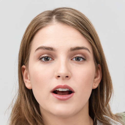 Neutral white young-adult female with long  brown hair and grey eyes