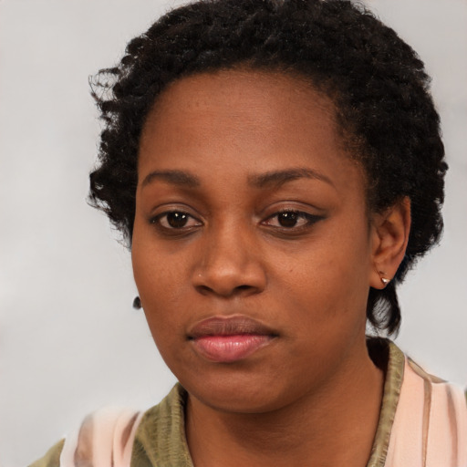Neutral black young-adult female with short  black hair and brown eyes