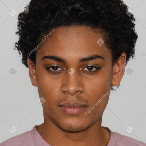 Neutral black young-adult female with short  black hair and brown eyes