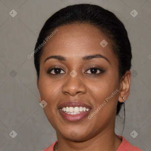 Joyful latino young-adult female with short  black hair and brown eyes