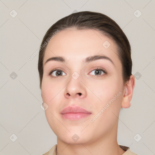 Neutral white young-adult female with medium  brown hair and brown eyes