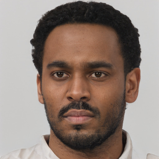 Neutral black young-adult male with short  black hair and brown eyes