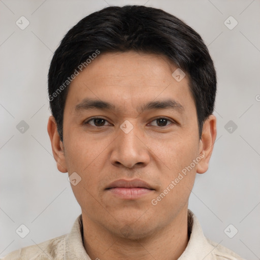 Neutral asian young-adult male with short  black hair and brown eyes