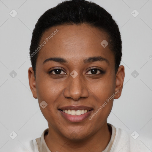 Joyful latino young-adult female with short  black hair and brown eyes