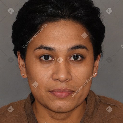 Joyful latino young-adult female with short  brown hair and brown eyes