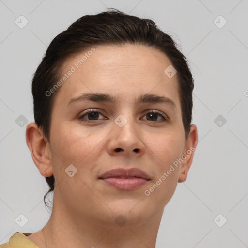 Joyful white young-adult female with short  brown hair and brown eyes