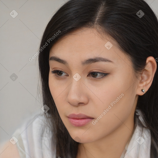 Neutral white young-adult female with long  brown hair and brown eyes