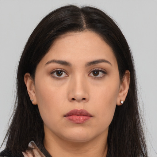 Neutral asian young-adult female with long  brown hair and brown eyes