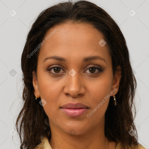 Joyful latino young-adult female with long  brown hair and brown eyes