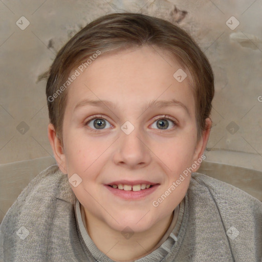 Joyful white young-adult female with short  brown hair and blue eyes