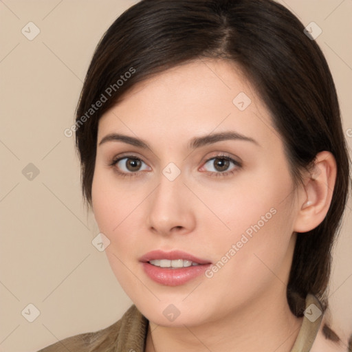 Neutral white young-adult female with medium  brown hair and brown eyes