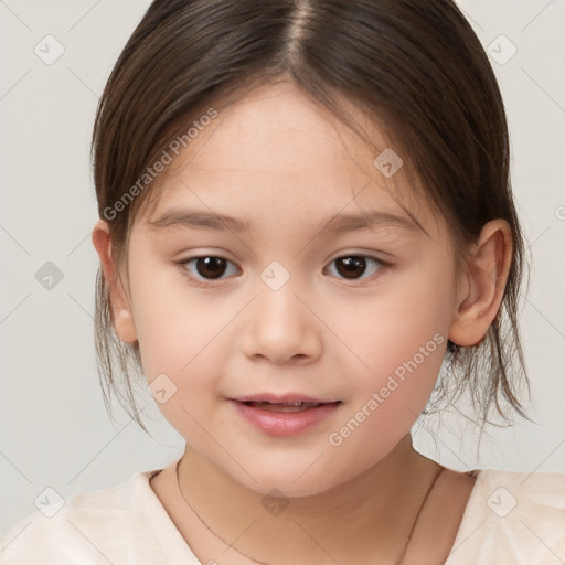 Joyful white child female with medium  brown hair and brown eyes