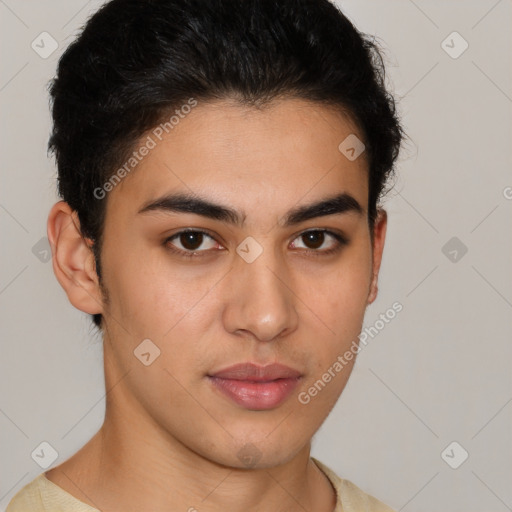 Neutral latino young-adult male with short  brown hair and brown eyes