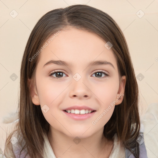 Joyful white child female with medium  brown hair and brown eyes