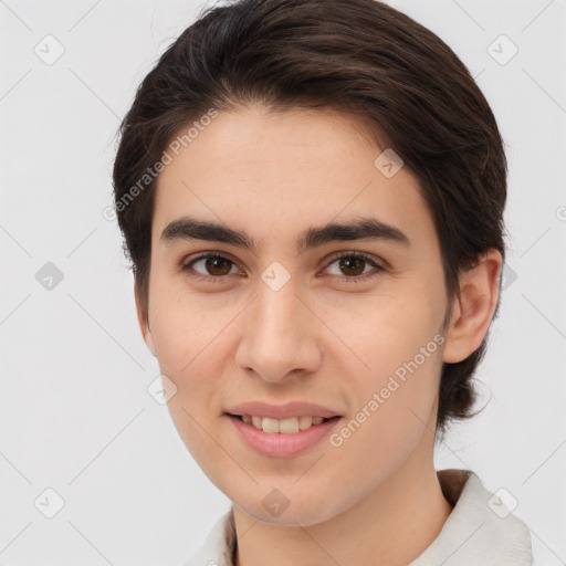 Joyful white young-adult female with short  brown hair and brown eyes