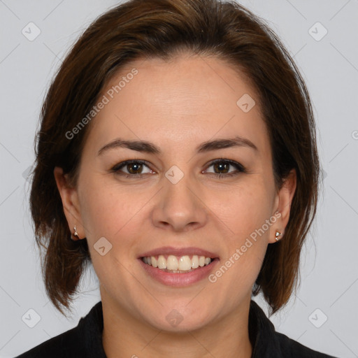 Joyful white young-adult female with medium  brown hair and brown eyes