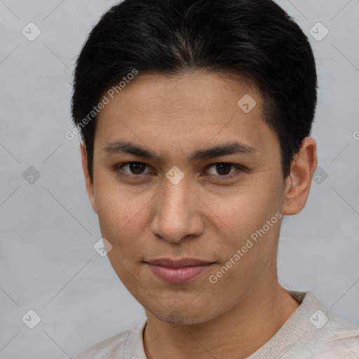 Joyful asian young-adult female with short  brown hair and brown eyes