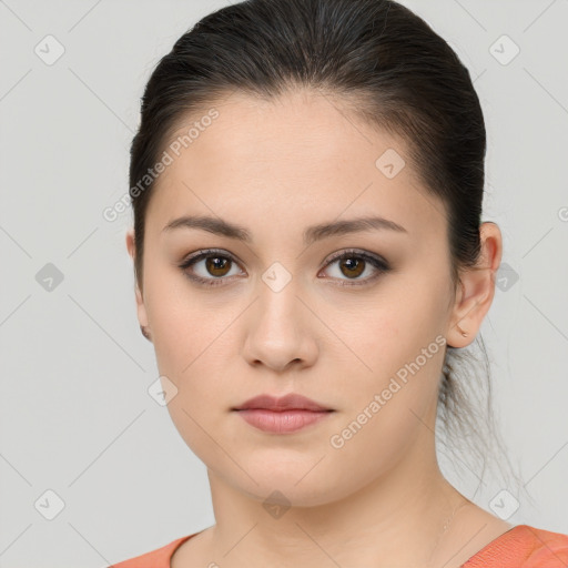 Neutral white young-adult female with medium  brown hair and brown eyes