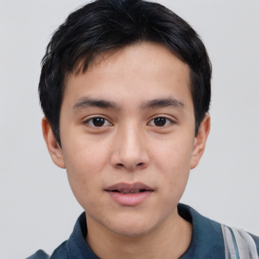 Neutral asian young-adult male with short  black hair and brown eyes