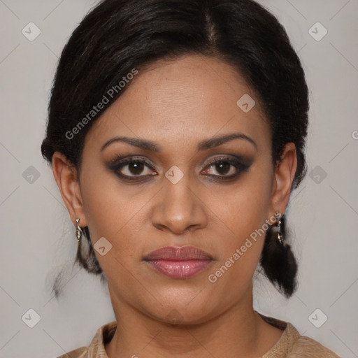 Joyful latino young-adult female with medium  brown hair and brown eyes