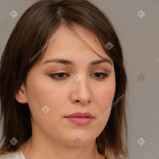 Neutral white young-adult female with medium  brown hair and brown eyes