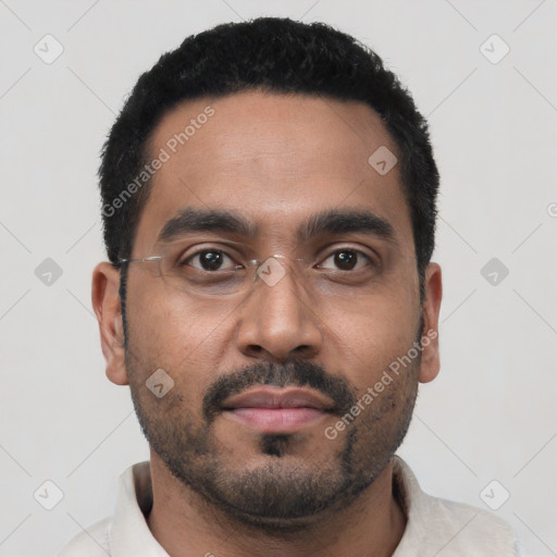 Neutral latino young-adult male with short  black hair and brown eyes