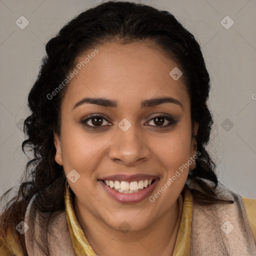 Joyful latino young-adult female with long  brown hair and brown eyes