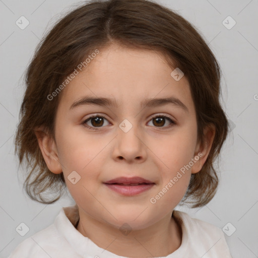 Joyful white child female with medium  brown hair and brown eyes