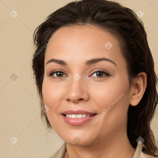 Joyful white young-adult female with medium  brown hair and brown eyes