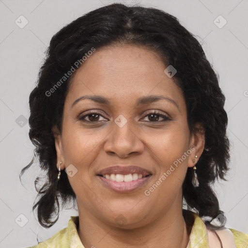 Joyful black young-adult female with medium  brown hair and brown eyes