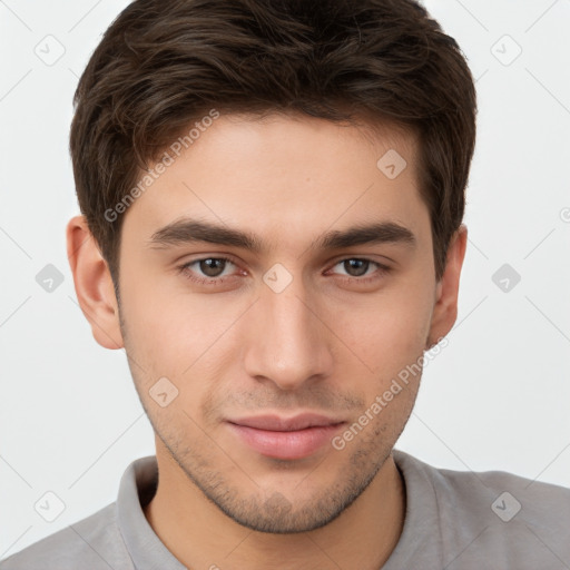 Neutral white young-adult male with short  brown hair and brown eyes