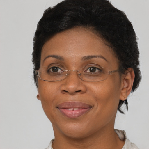 Joyful black adult female with short  brown hair and brown eyes