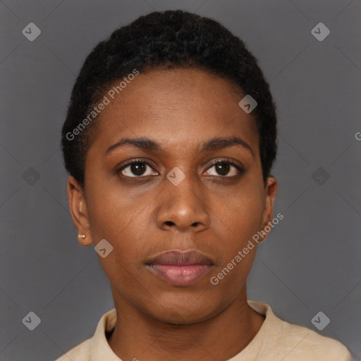 Neutral black young-adult female with short  brown hair and brown eyes