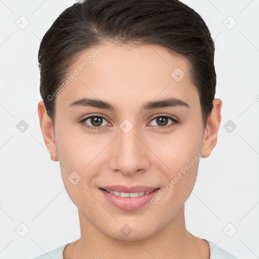 Joyful white young-adult female with short  brown hair and brown eyes