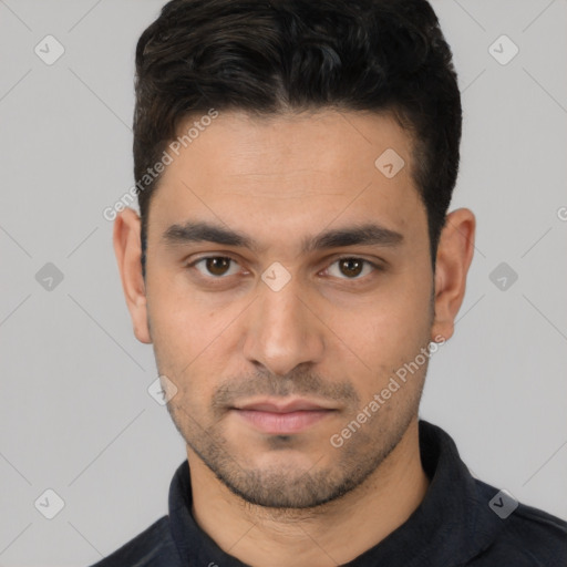 Neutral white young-adult male with short  black hair and brown eyes