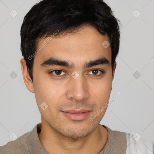 Neutral latino young-adult male with short  brown hair and brown eyes