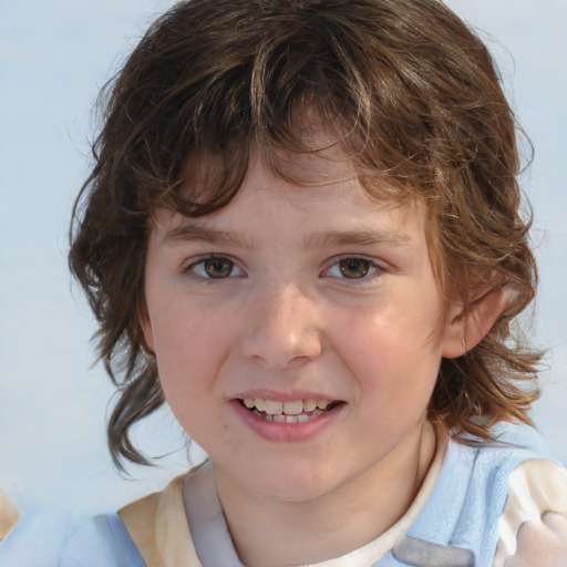 Joyful white child female with medium  brown hair and blue eyes