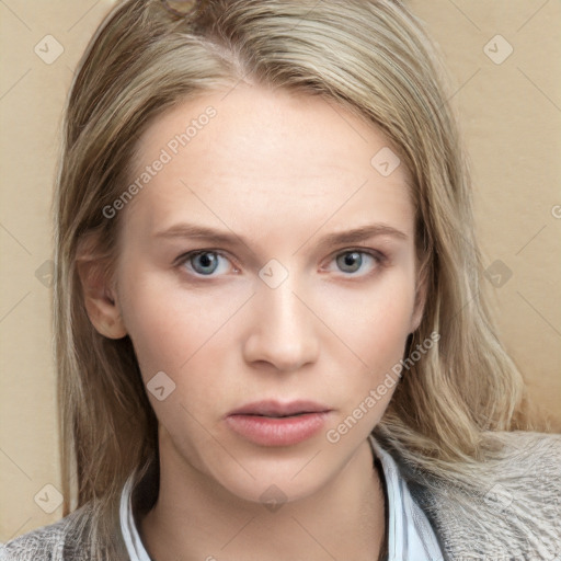 Neutral white young-adult female with medium  brown hair and blue eyes