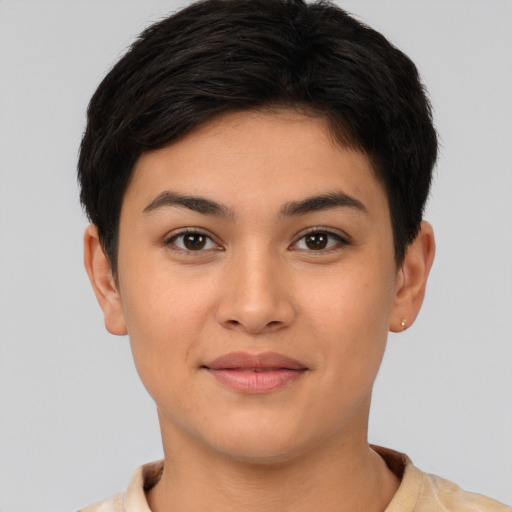 Joyful asian young-adult female with short  brown hair and brown eyes