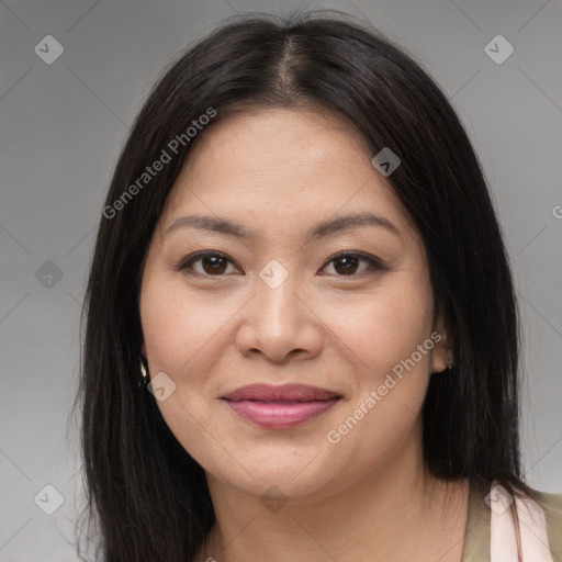 Joyful asian young-adult female with medium  brown hair and brown eyes