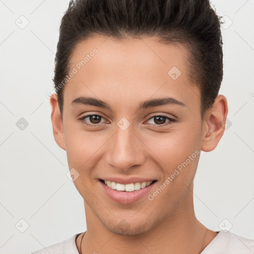 Joyful white young-adult female with short  brown hair and brown eyes