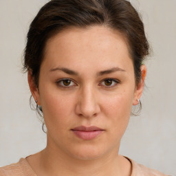 Neutral white young-adult female with short  brown hair and brown eyes