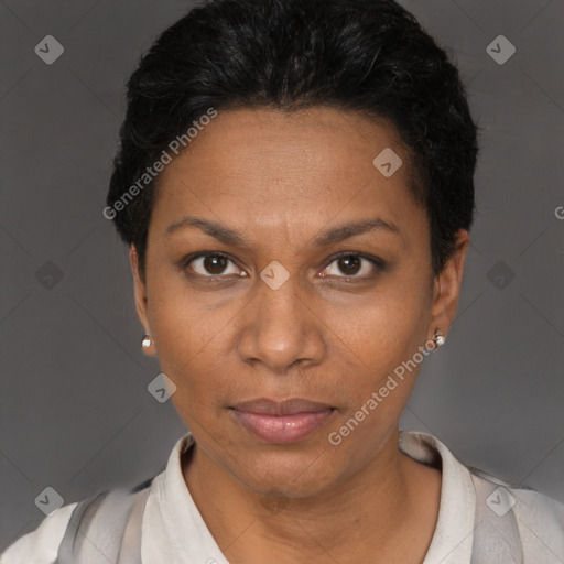 Neutral black adult female with short  black hair and brown eyes