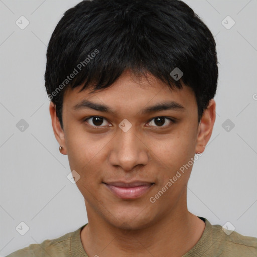 Joyful asian young-adult male with short  black hair and brown eyes
