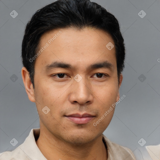 Neutral asian young-adult male with short  black hair and brown eyes