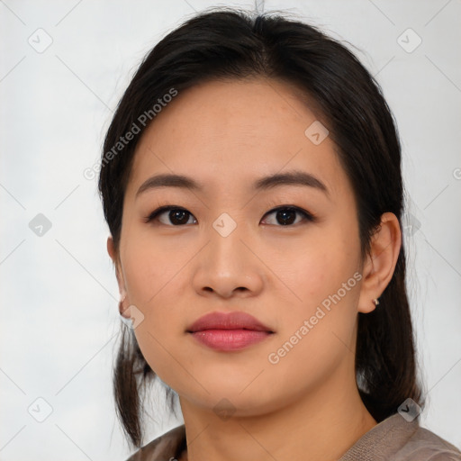 Neutral asian young-adult female with medium  black hair and brown eyes